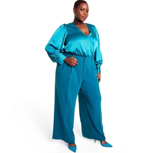 SERGIO HUDSON X TARGET Satin Turquoise Long SLV Surplice Front Bodysuit  SZ 4X - Picture 1 of 16